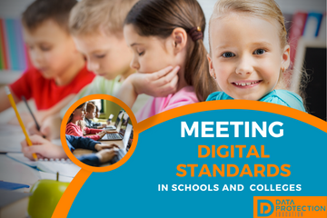 Meeting DfE Digital standards in schools and colleges in orange and white text. Children in the background smiling or working. Children in a small circle graphic on laptops.  Data Protection Education logo in blue on an orange background